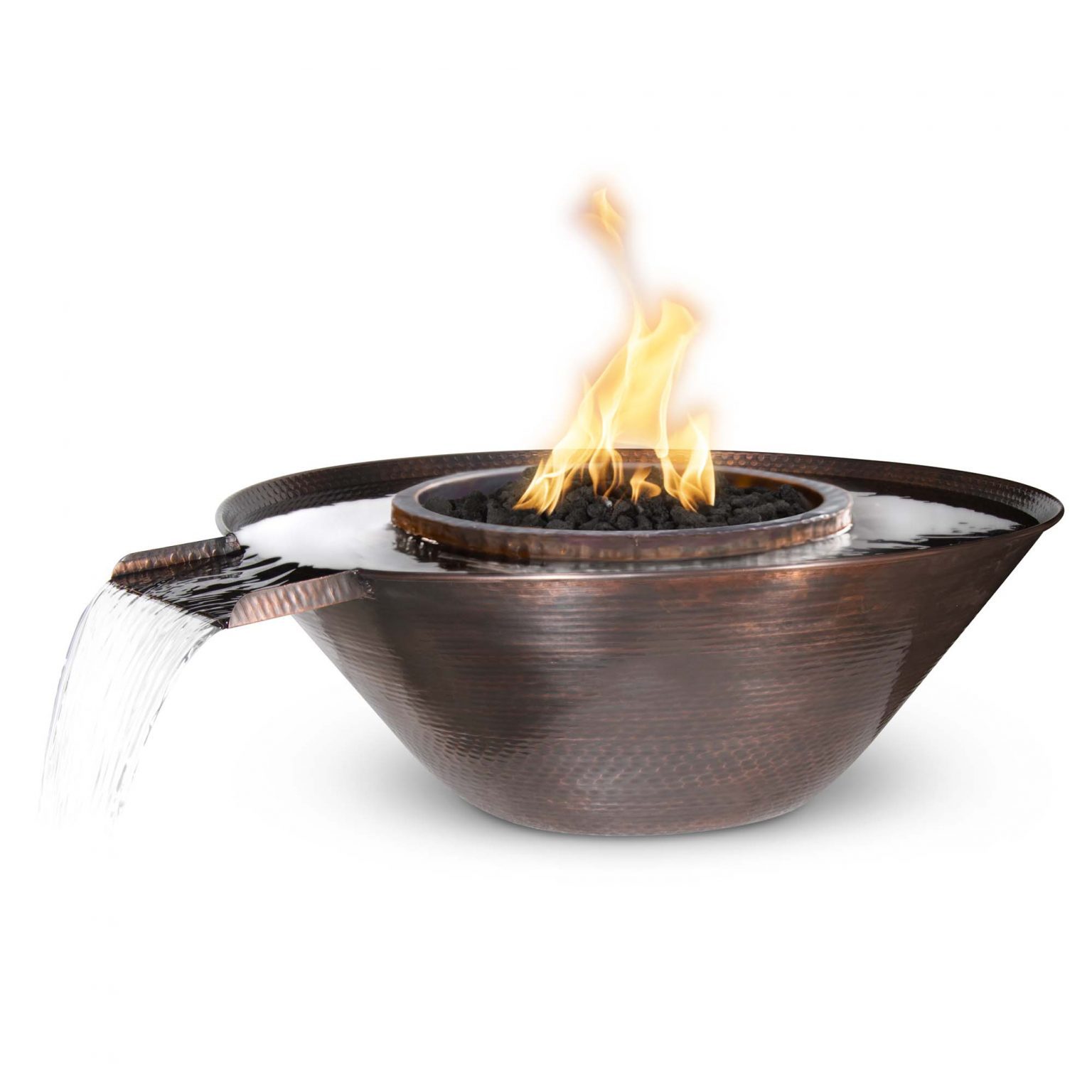 The Outdoor Plus Remi Fire & Water Bowl with Gravity spill in Hammered Copper OPT-31RCFOGS
