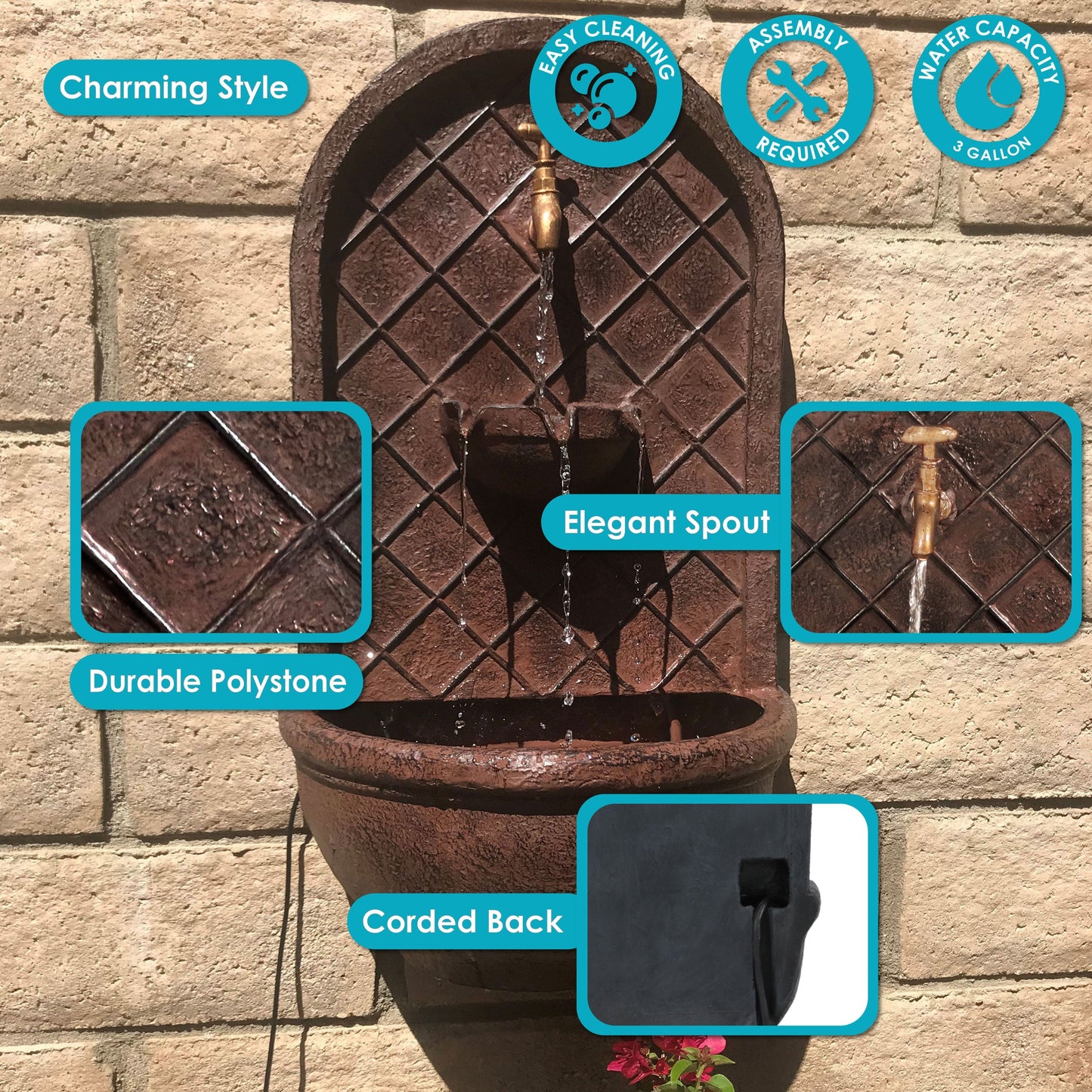 Sunnydaze 26" H Messina Solar Wall Fountain with Battery Backup