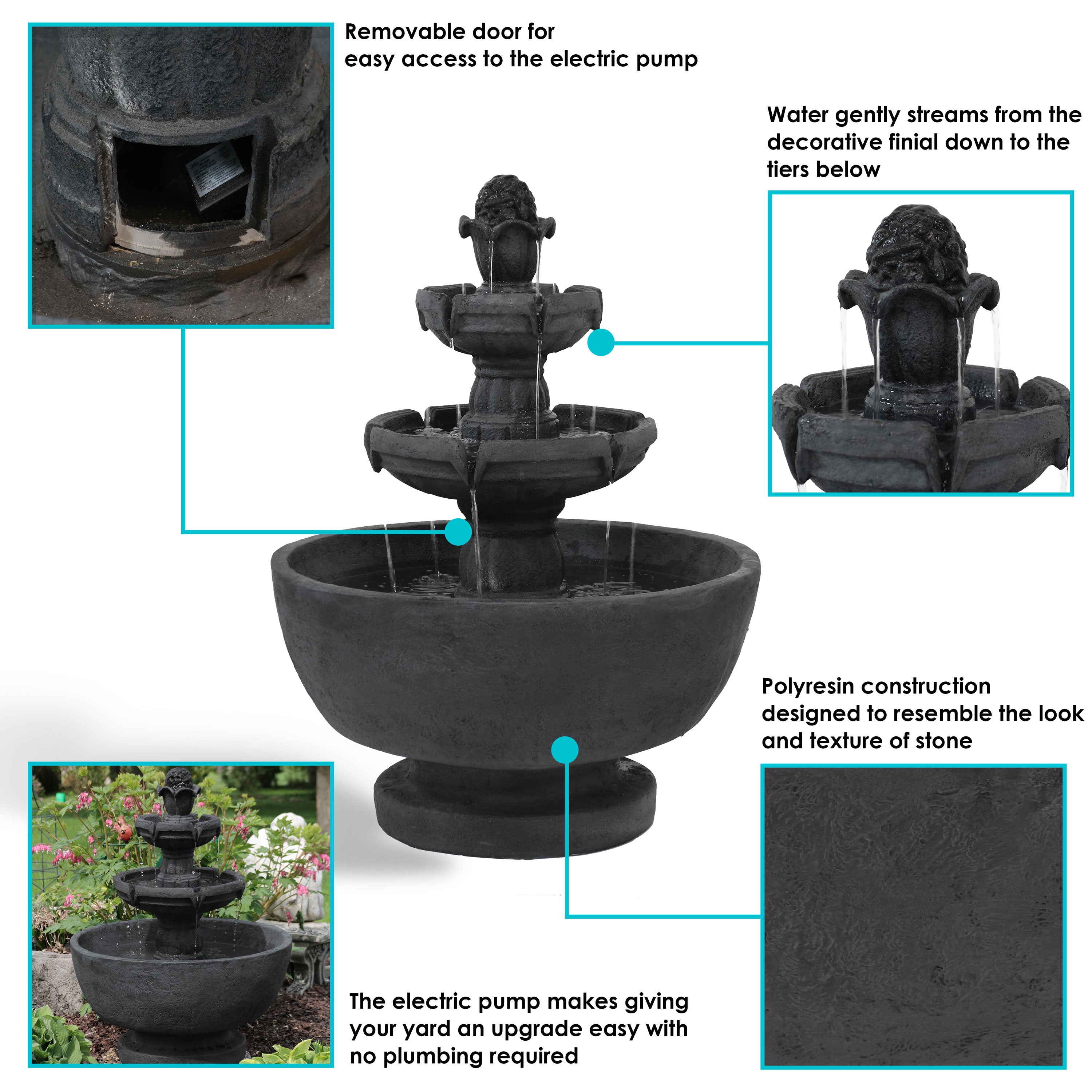 Sunnydaze 34" H Budding Fruition 3-Tier Outdoor Water Fountain