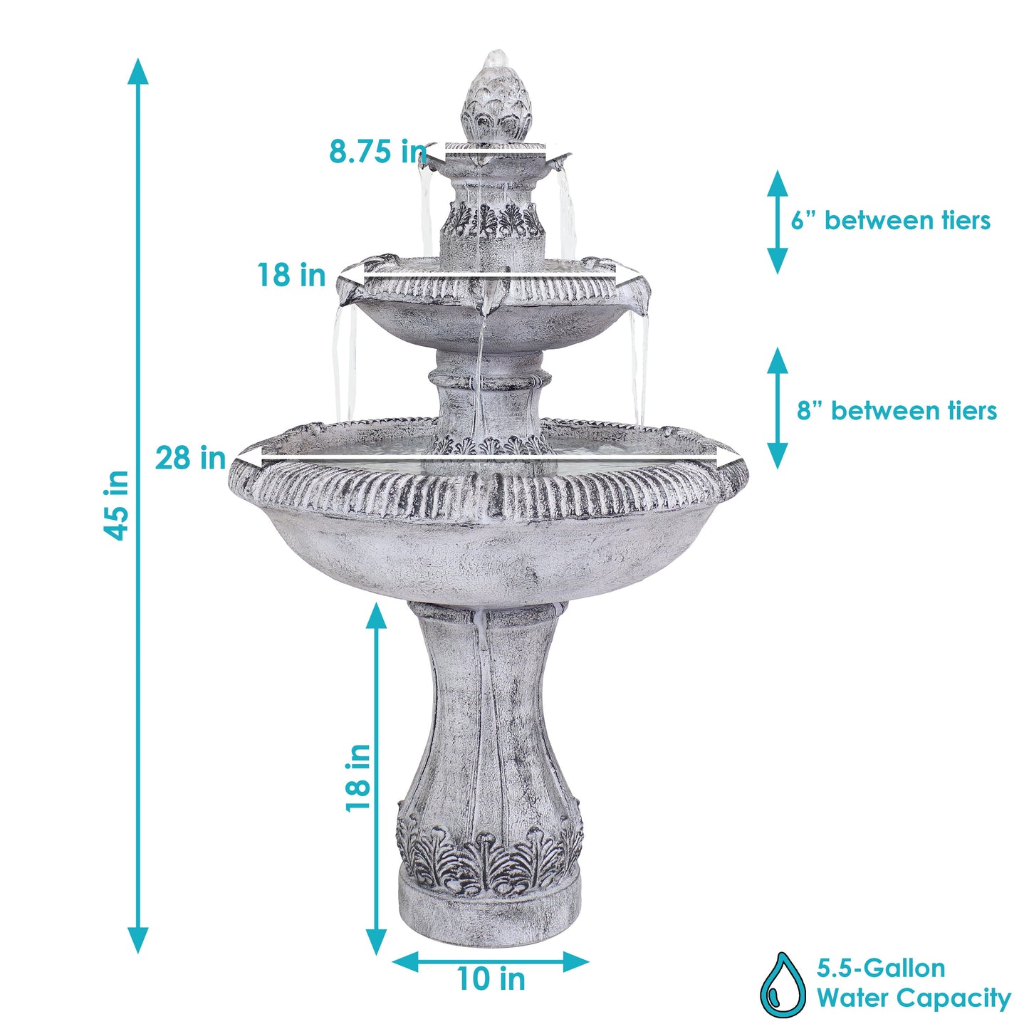 Sunnydaze 45" 3-Tier Outdoor Water Fountain Mediterranean Reinforced Concrete