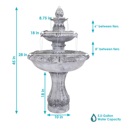 Sunnydaze 45" 3-Tier Outdoor Water Fountain Mediterranean Reinforced Concrete