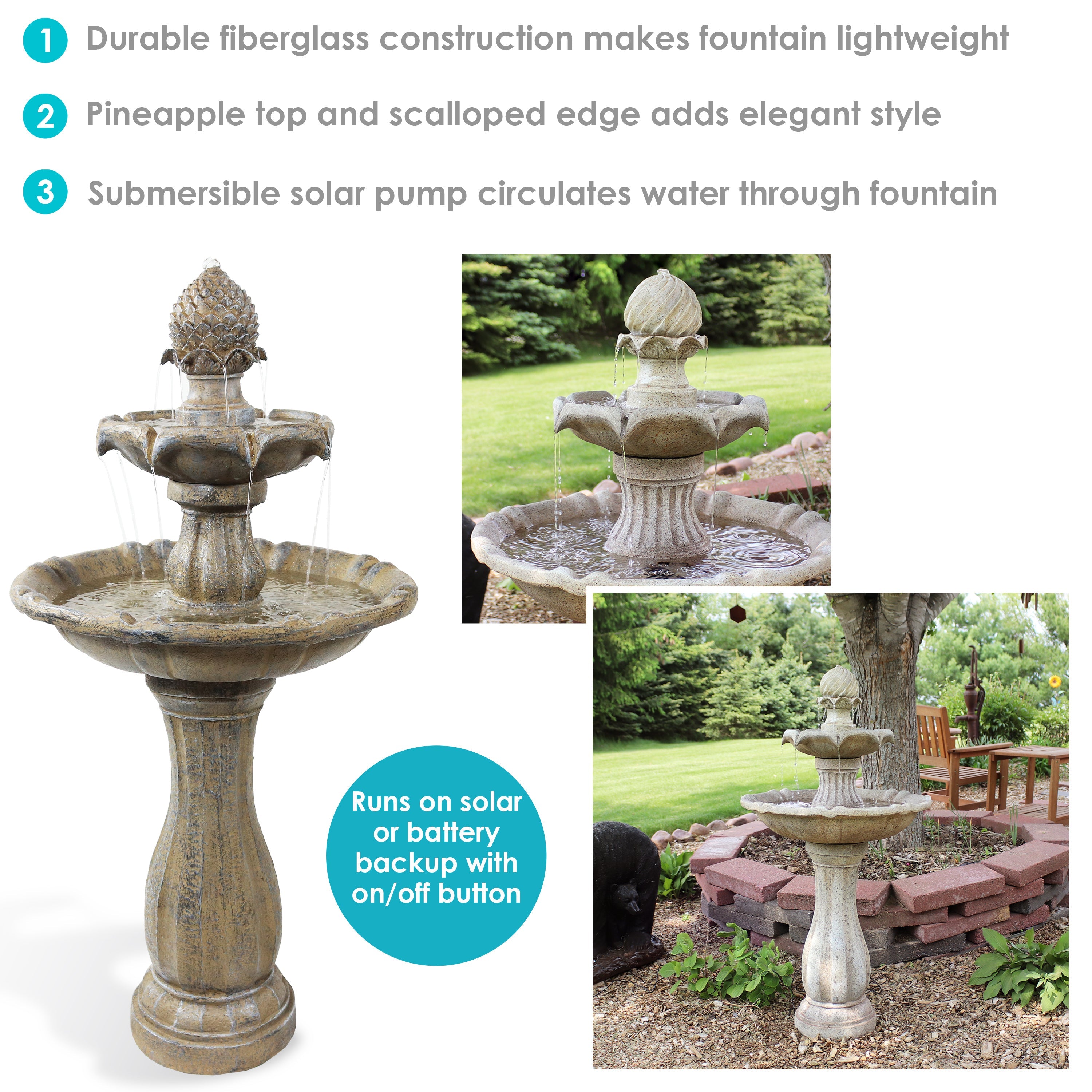 Sunnydaze 2-Tier Pineapple 46" Solar Fountain with Battery Backup