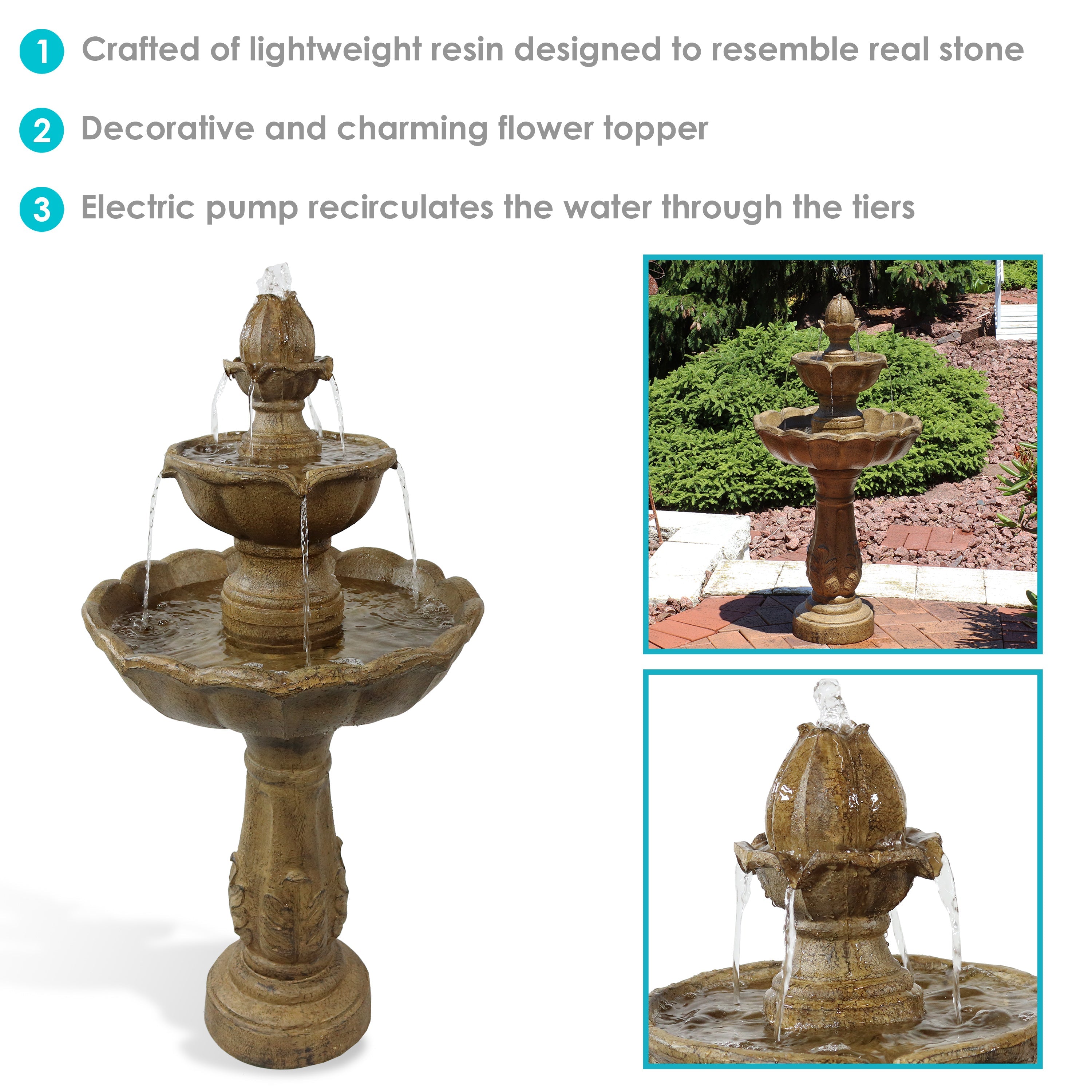 Sunnydaze 38" H Blooming Flower 2-Tier Outdoor Water Fountain
