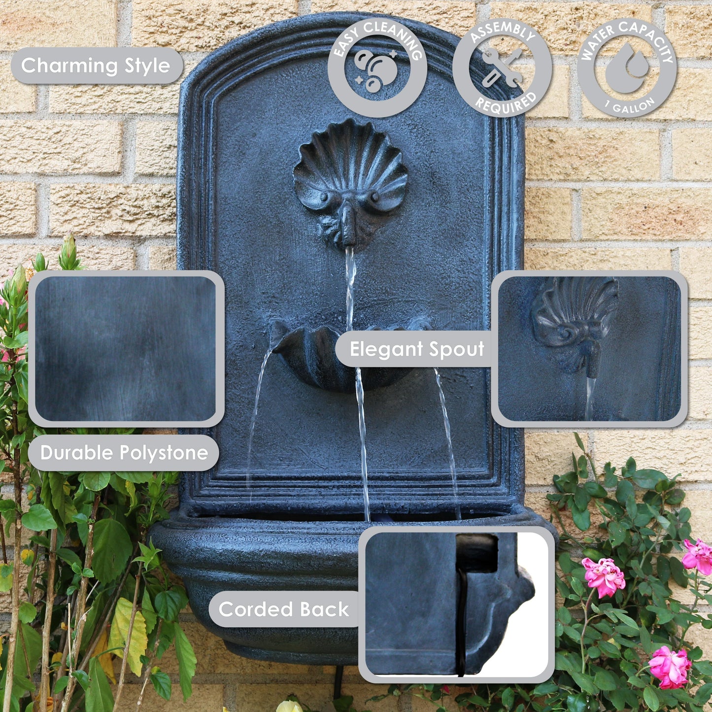 Sunnydaze 27" H Seaside Outdoor Solar Wall Fountain with Battery Backup