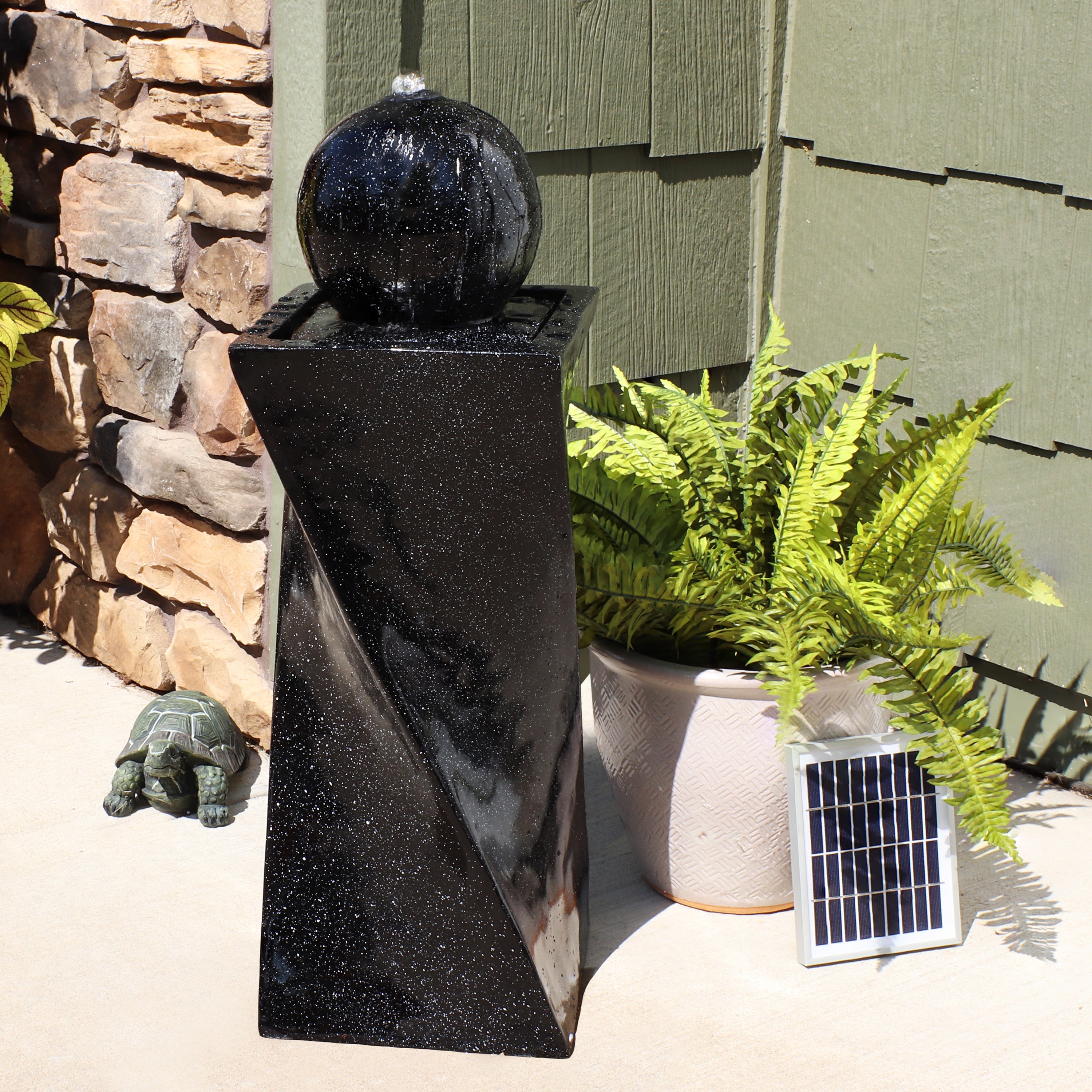 Sunnydaze 30" Black Ball Solar Powered Fountain with Battery Backup and LED Lights
