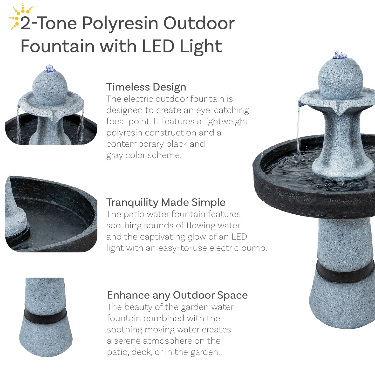 Sunnydaze 29.5" Contemporary 2-Tone Outdoor Water Fountain with Light