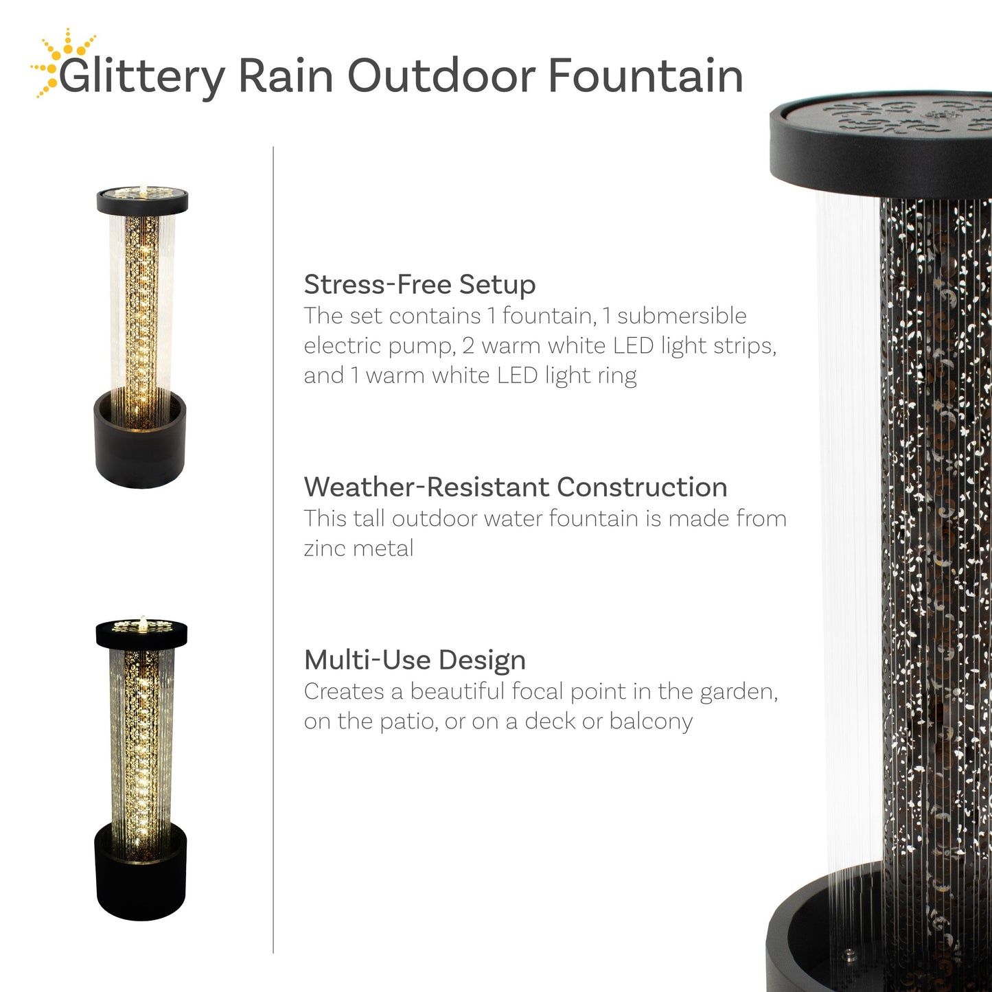 Sunnydaze 41.25" Glittering Rain Outdoor Water Fountain with Lights