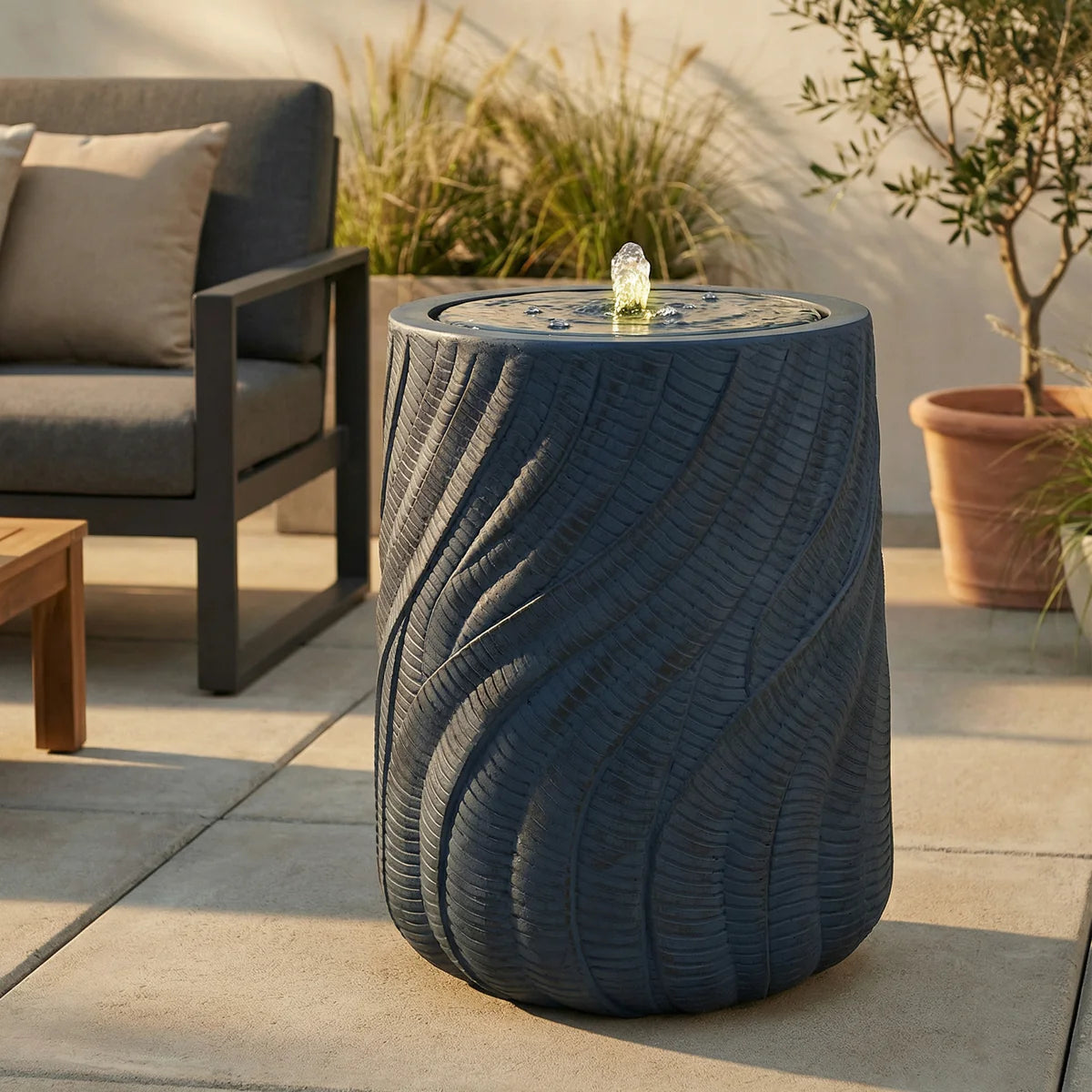 Sunnydaze Textured Spiral Bubble Outdoor Fountain with LED Light