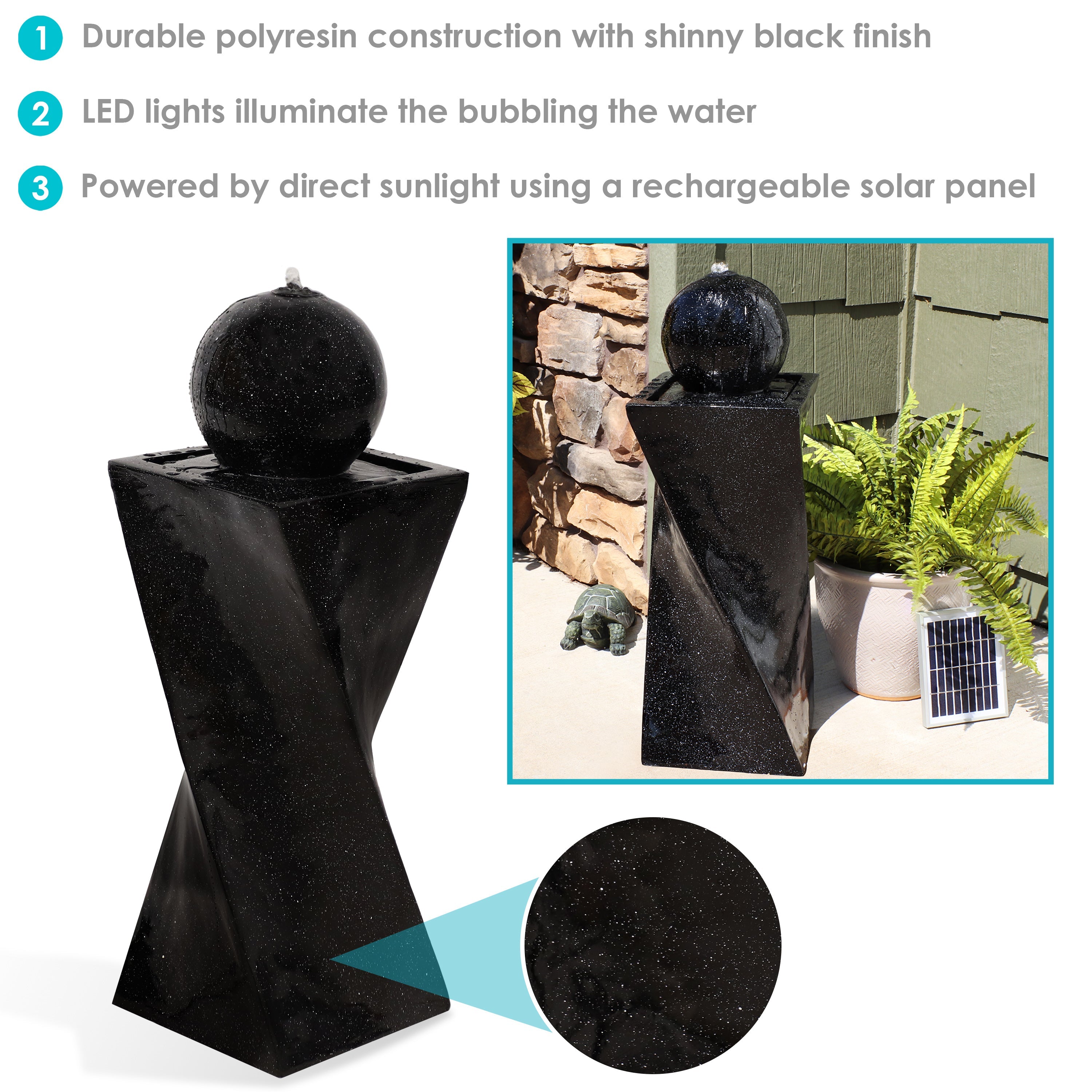 Sunnydaze 30" Black Ball Solar Powered Fountain with Battery Backup and LED Lights