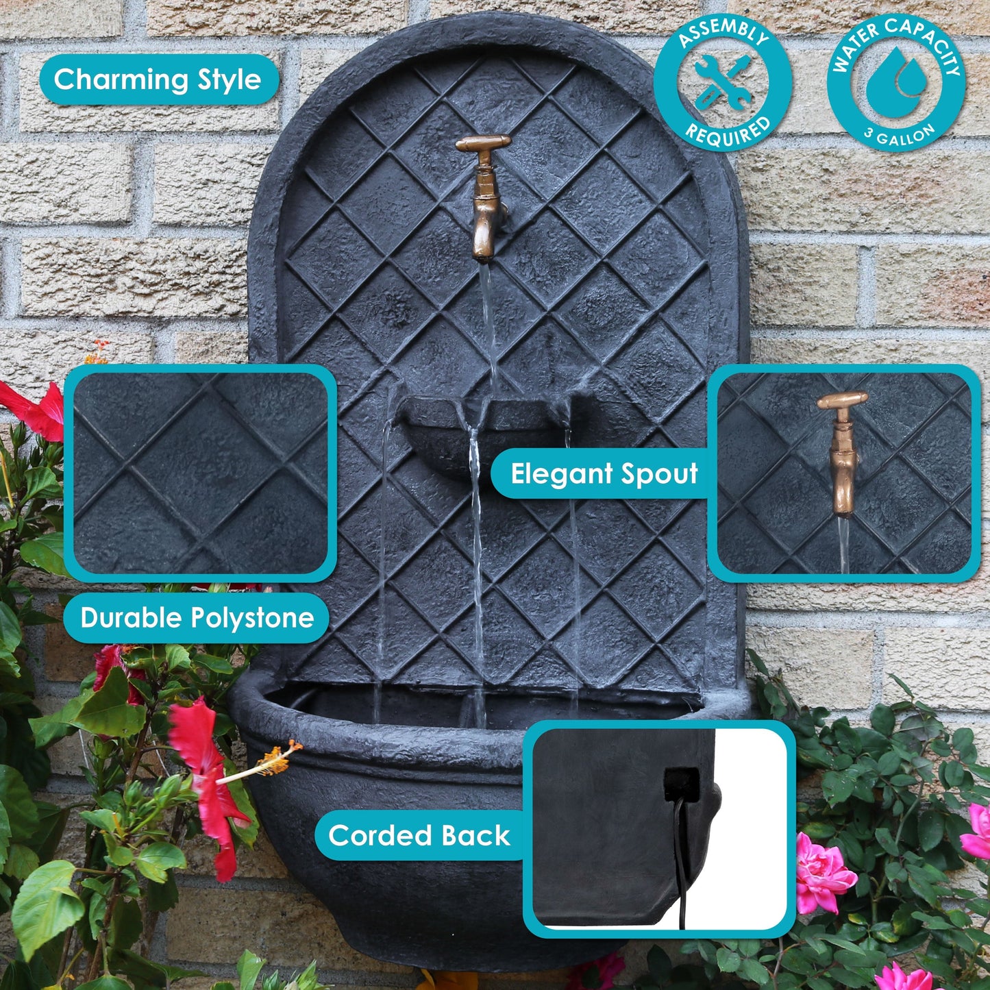 Sunnydaze 26" H Messina Solar Wall Fountain with Battery Backup