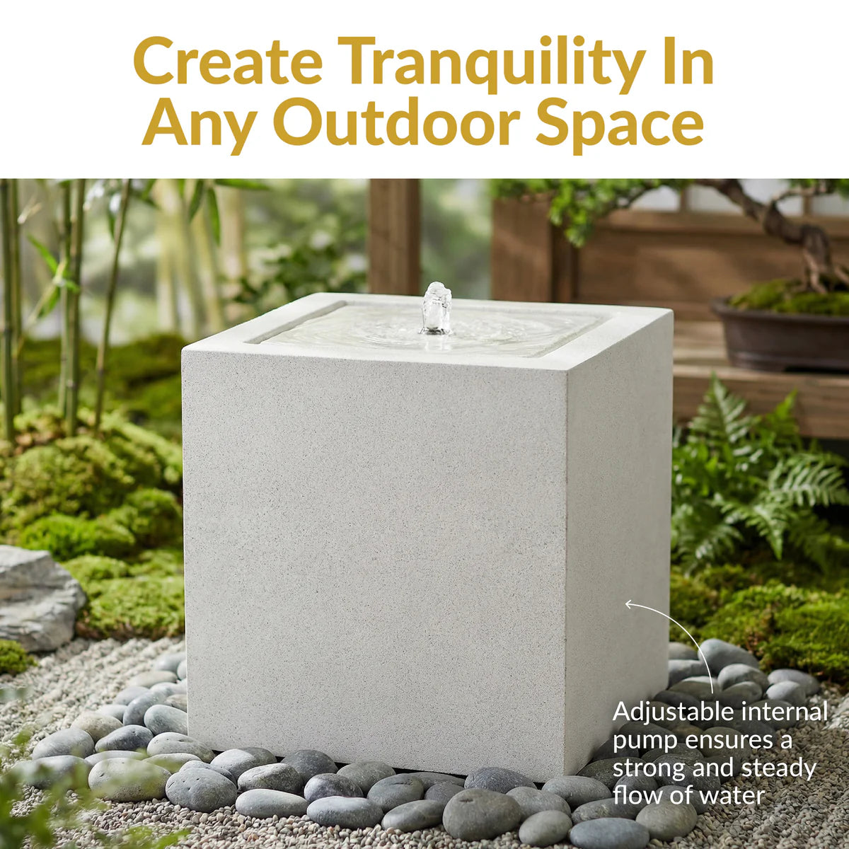 Sunnydaze White Fog Square Bubble Modern Outdoor Fountain with LED Light GP-7421