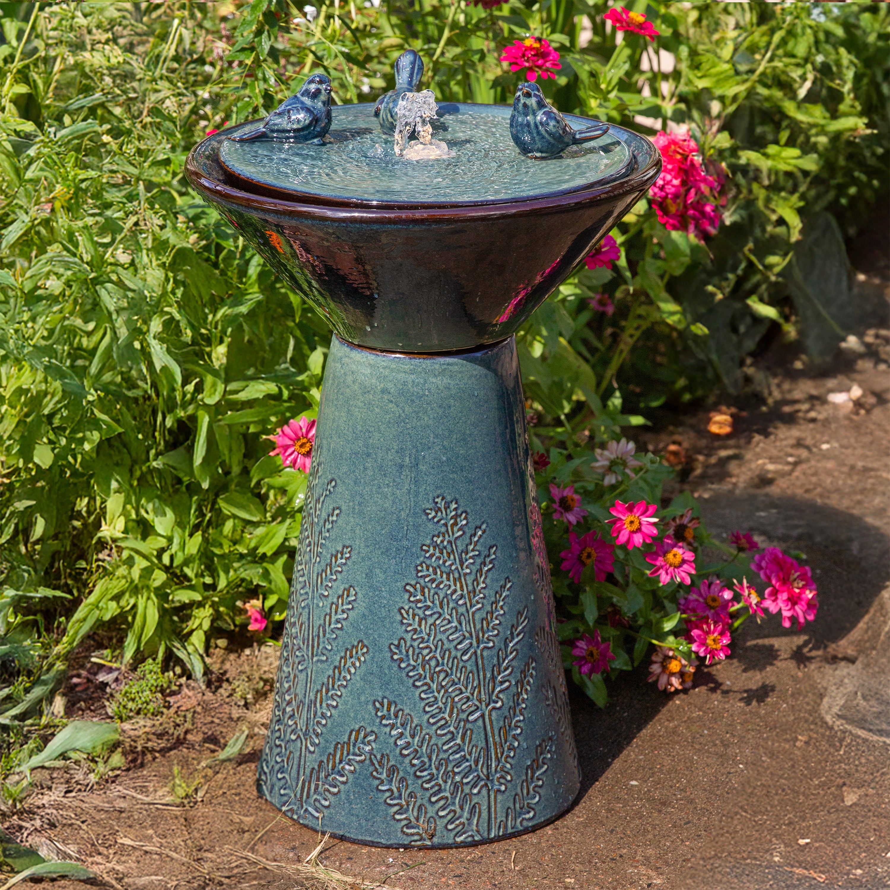 Sunnydaze 28.25" Gathering Birds Ceramic Outdoor Fountain with LED Lights