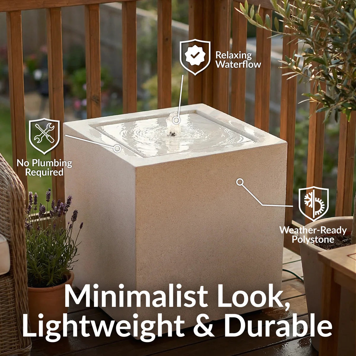 Sunnydaze White Fog Square Bubble Modern Outdoor Fountain with LED Light GP-7421