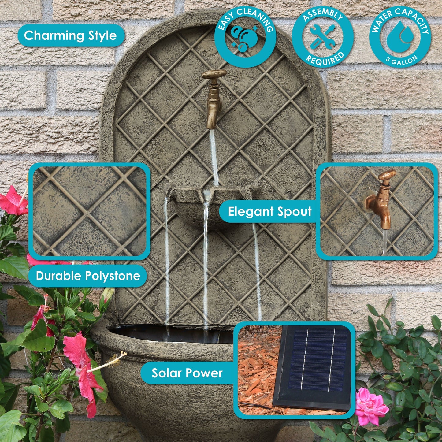 Sunnydaze 26" H Messina Solar Wall Fountain with Battery Backup