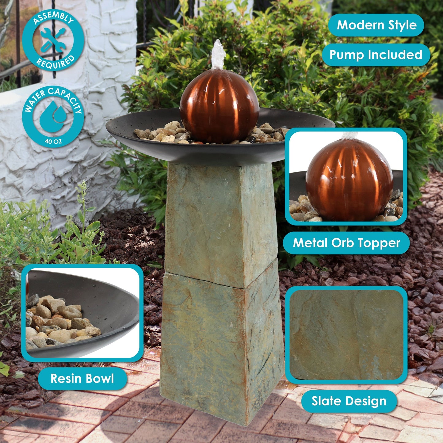 Sunnydaze 38" H Decorative Orb Slate Outdoor Water Fountain