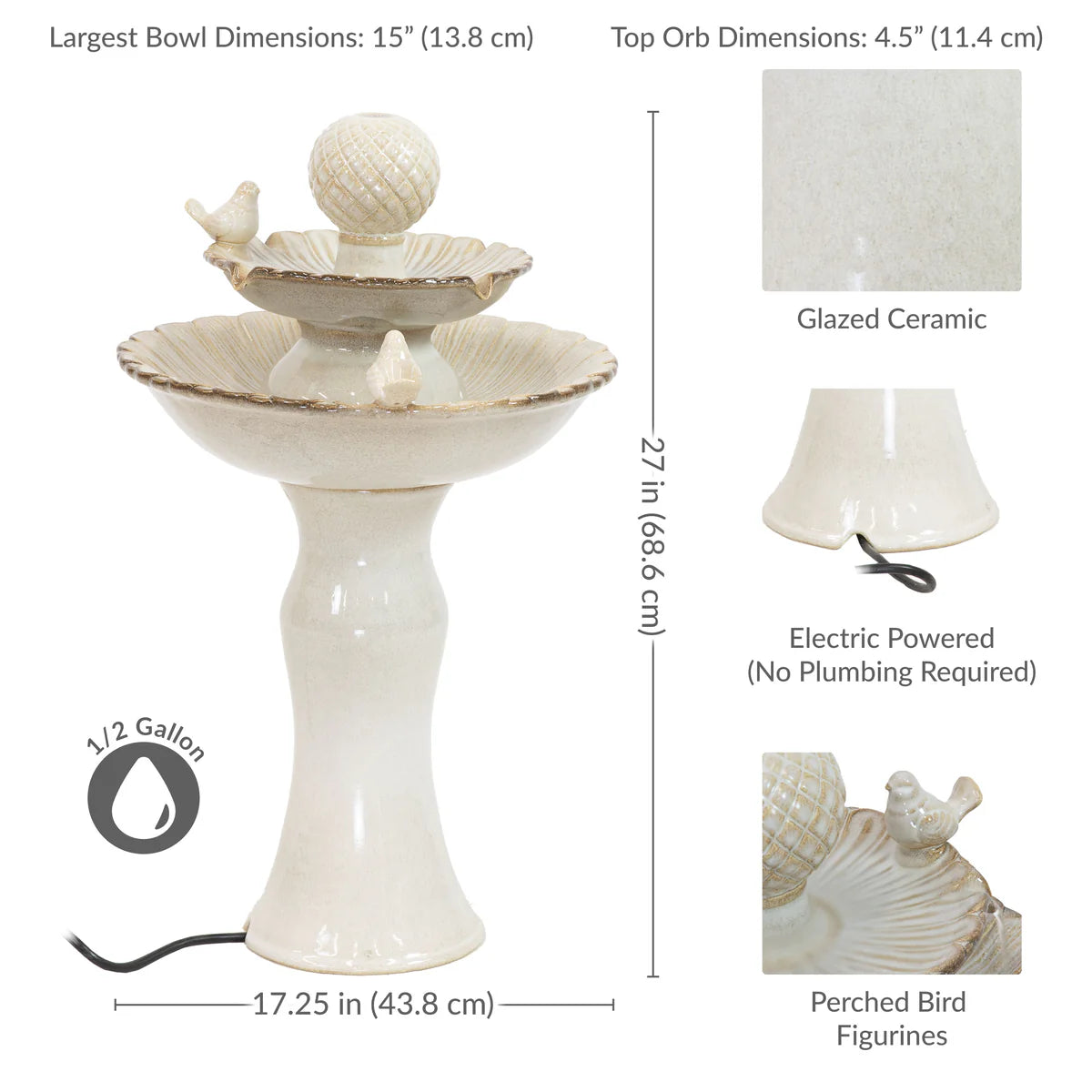 Sunnydaze 27" Resting Birds 2-Tier Ceramic Outdoor Water Fountain SSS-382
