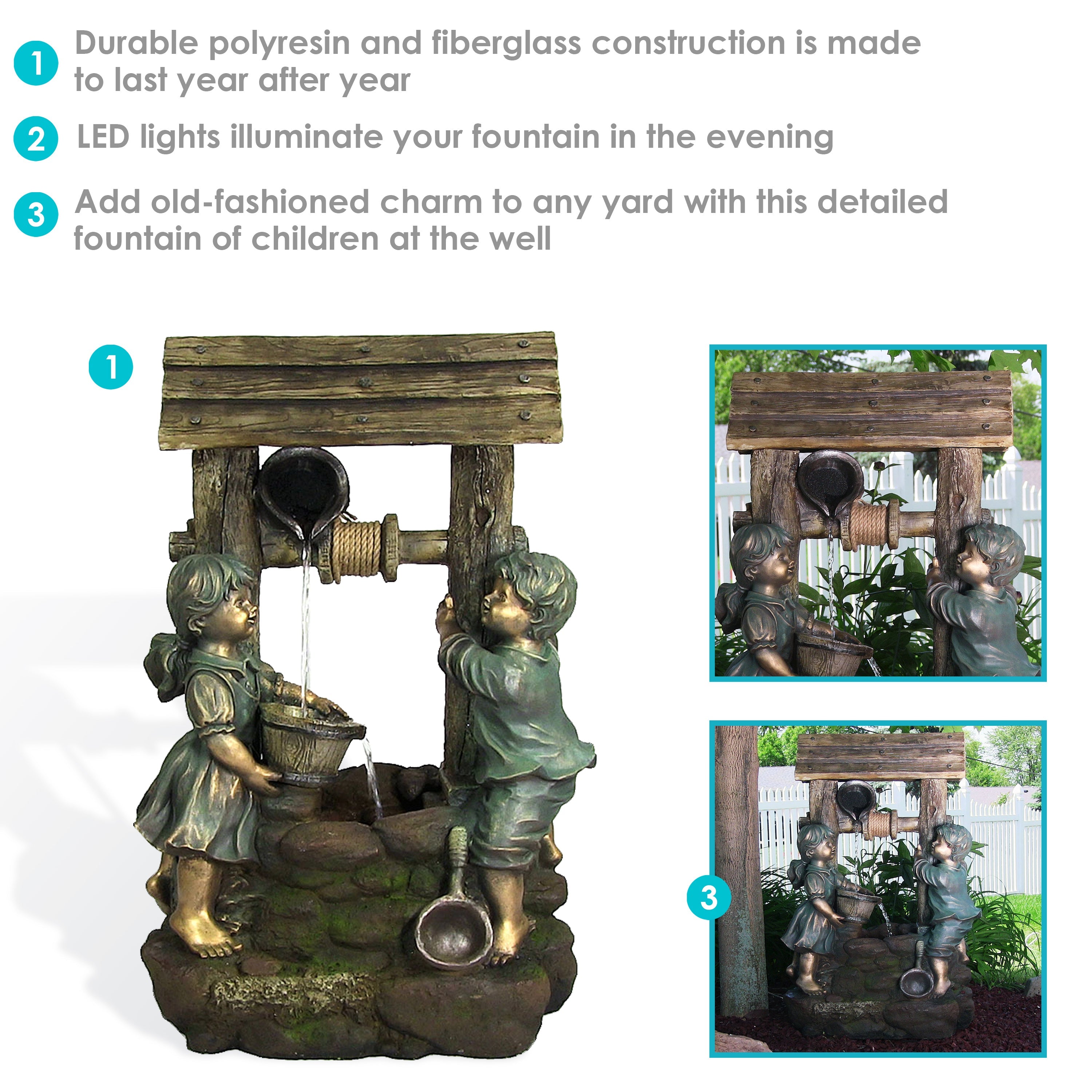 Sunnydaze Children at the Well 39" Electric Water Fountain with LED Light