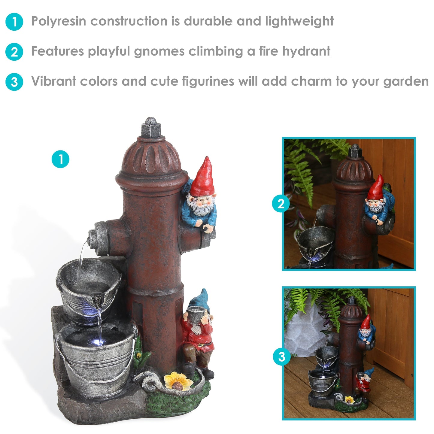 Sunnydaze 16" Fire Hydrant Gnomes Outdoor Water Fountain with LED Light
