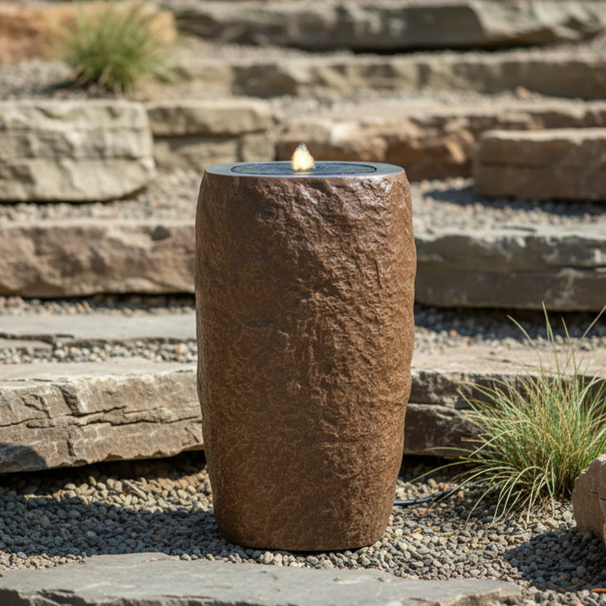 Sunnydaze Brown Cylinder Bubble Outdoor Water Fountain with LED Light GP-6981