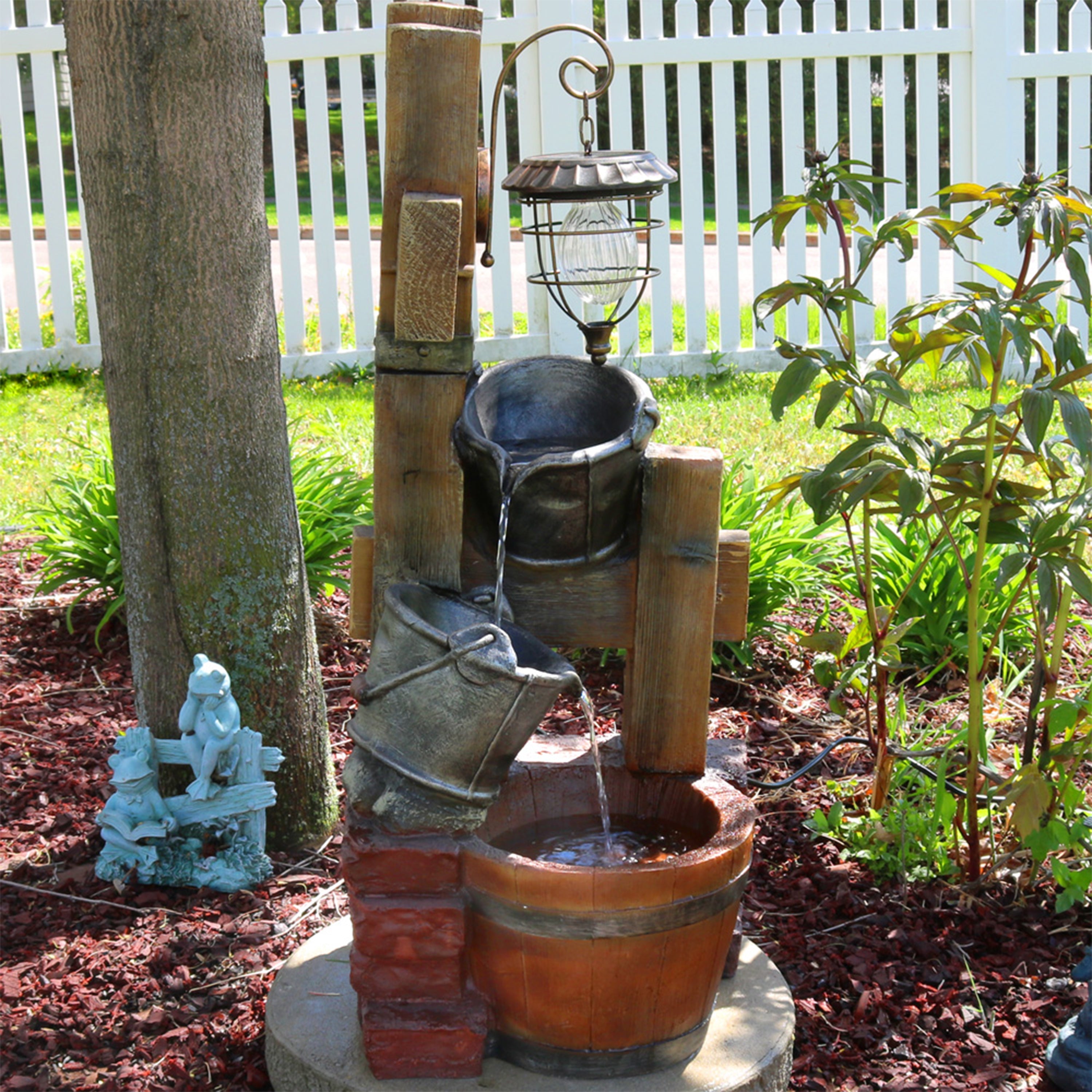 Sunnydaze 34" Rustic Pouring Buckets Outdoor Fountain with Solar Lantern