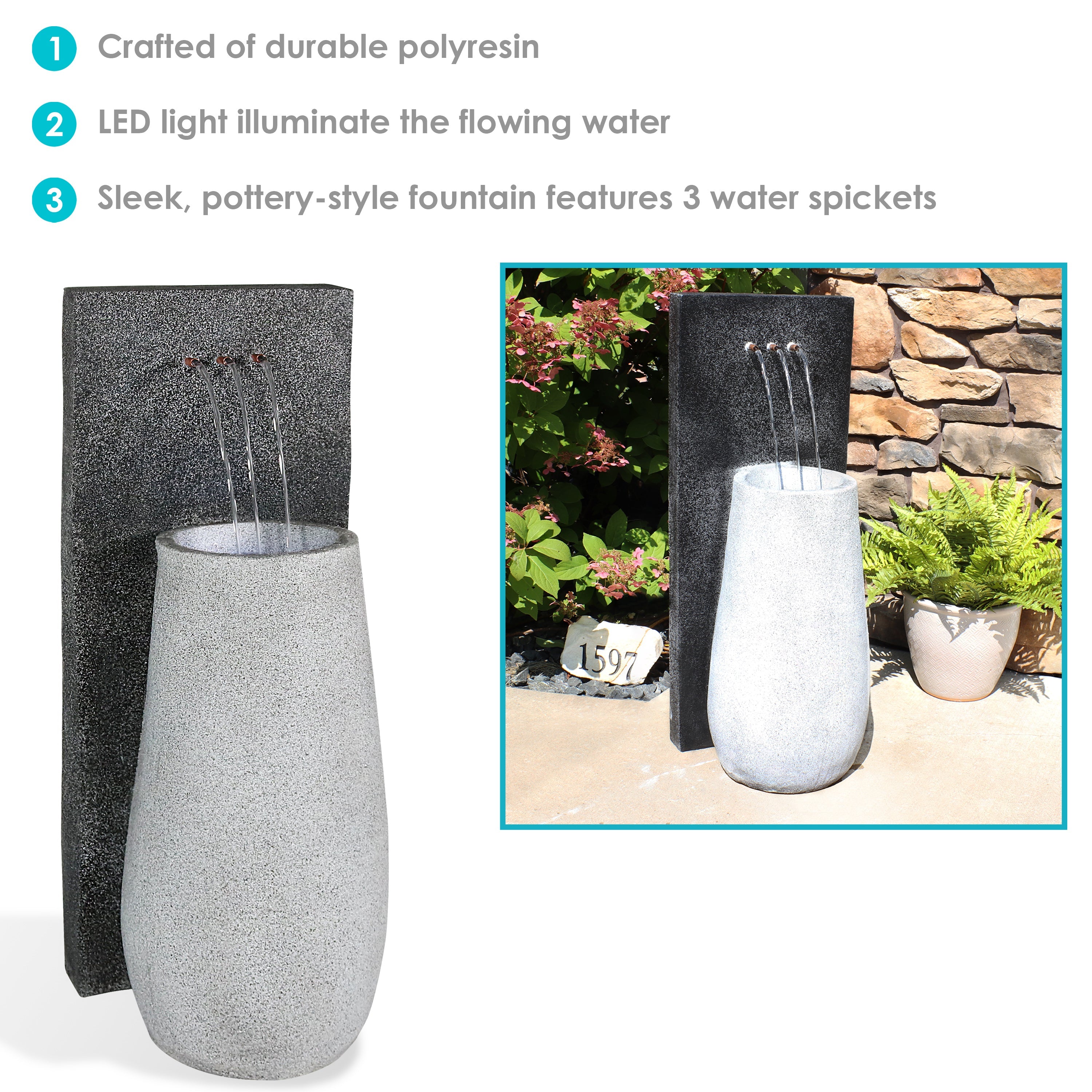 Sunnydaze 35" Three Stream Monterno Outdoor Fountain with LED Light