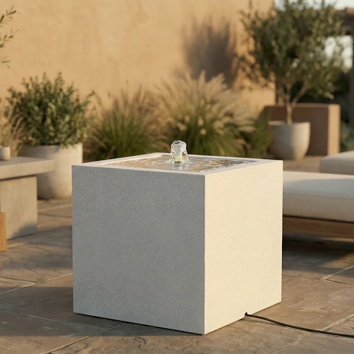 Sunnydaze White Fog Square Bubble Modern Outdoor Fountain with LED Light GP-7421