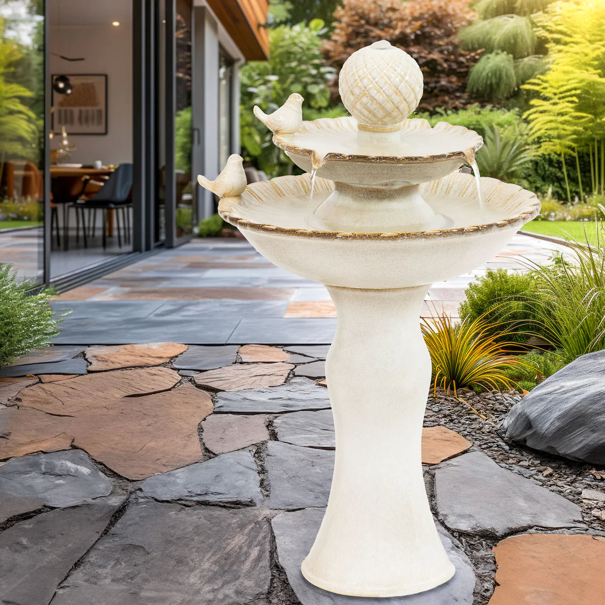 Sunnydaze 27" Resting Birds 2-Tier Ceramic Outdoor Water Fountain SSS-382