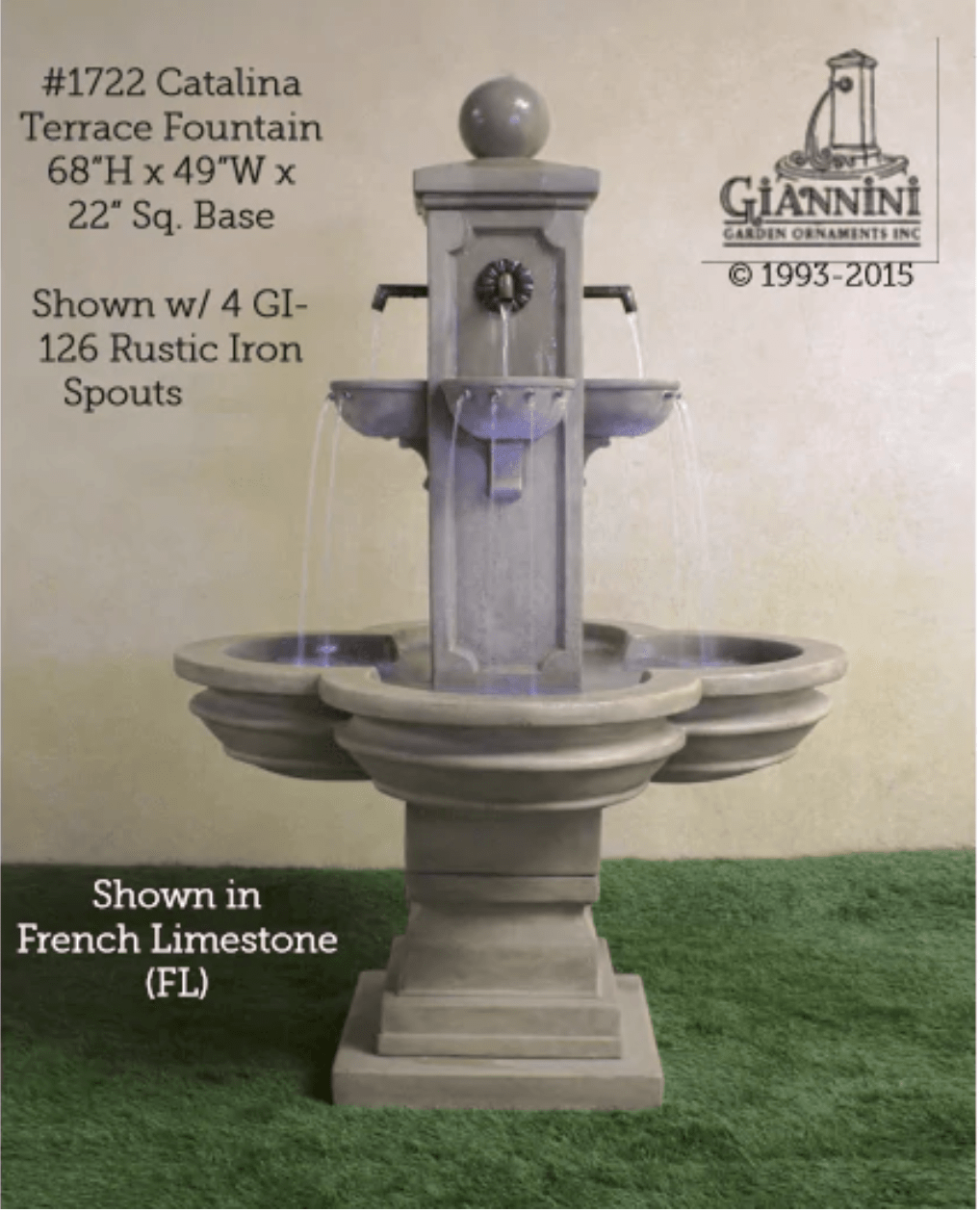FountainsUSA 1722 / French Limestone (Color Shown) / GI-126 Rustic Iron Water Spout Giannini Garden Catalina Concrete Terrace Outdoor Garden Fountain 1722