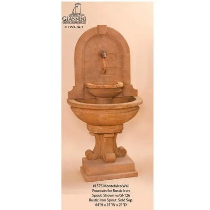 Giannini Garden Outdoor Fountains Montefalco / Rustic Iron Spout / 64"H x 31"W x 21"D Giannini Garden Montefalco Rustic Iron Concrete Wall Outdoor Fountain 1575