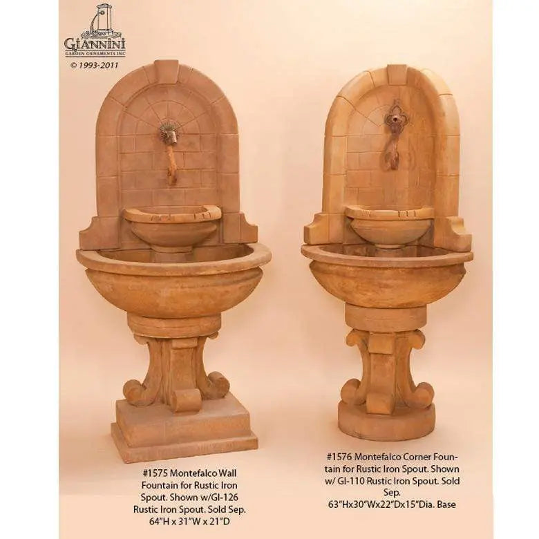 Giannini Garden Outdoor Fountains Montefalco / Rustic Iron Spout / 64"H x 31"W x 21"D Giannini Garden Montefalco Rustic Iron Concrete Wall Outdoor Fountain 1575
