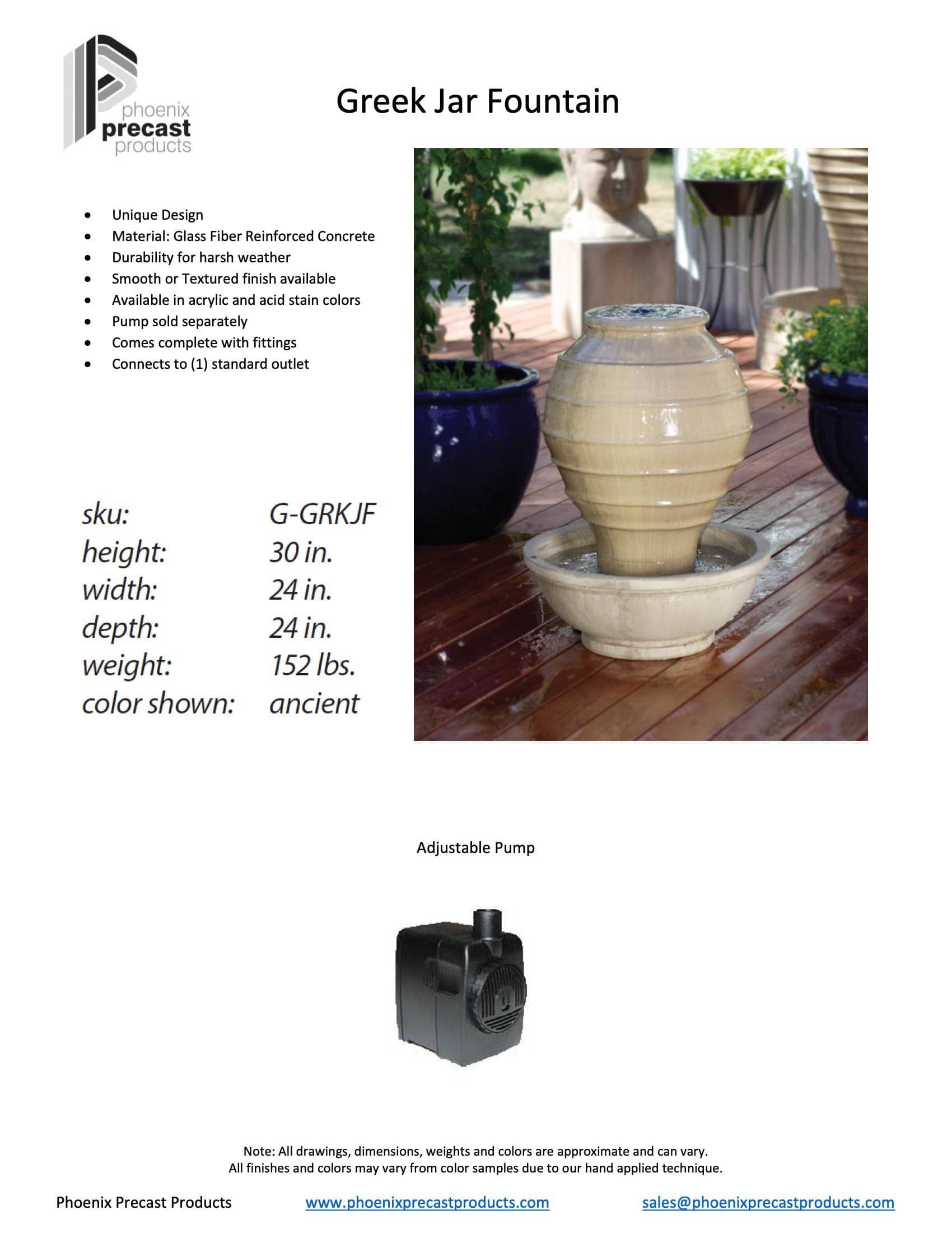 Phoenix Precast Outdoor Fountains Phoenix Precast Greek Jar 24" Wide Concrete Outdoor Fountain G-GRKJF-