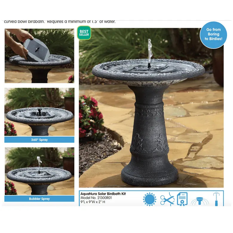 Smart Solar Outdoor Fountains AquaNura Solar Birdbath Kit 21300R01 / 9" Dia x 2" H Smart Solar AquaNura Solar Birdbath Kit 21300R01