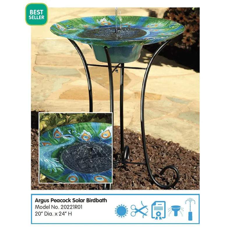 Smart Solar Outdoor Fountains Argus Peacock Glass Solar Birdbath / 20" Diameter x 24" High Smart Solar Argus Peacock Glass Solar Birdbath 20221R01