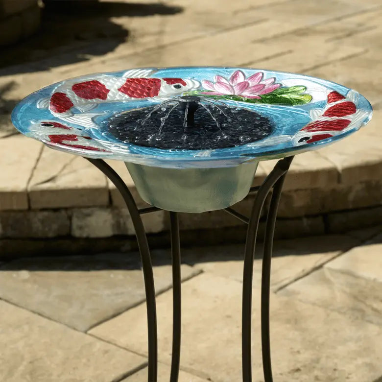 Smart Solar Outdoor Fountains Japanese Koi Glass Solar Birdbath / 20.0" Diameter x 24.30" High  Smar Solar Japanese Koi Glass Solar Birdbath 20225R01