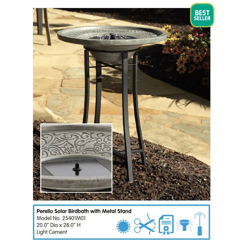 Smart Solar Outdoor Fountains Perello Solar Birdbath with Metal Stand / 20.5" L x 20.5" W x 28.3" H  Smart Solar Perello Solar Birdbath 25401M01 (Distressed Grey)