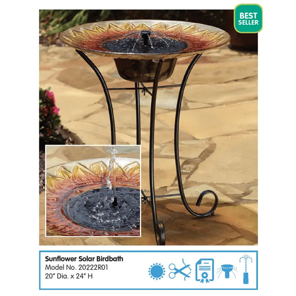 Smart Solar Outdoor Fountains SolarSunflower Glass Solar Birdbath / 20.0